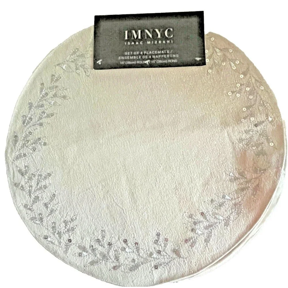 Isaac Mizrahi Christmas Placemats Set of 4 Embroidered Sequins Silver 15